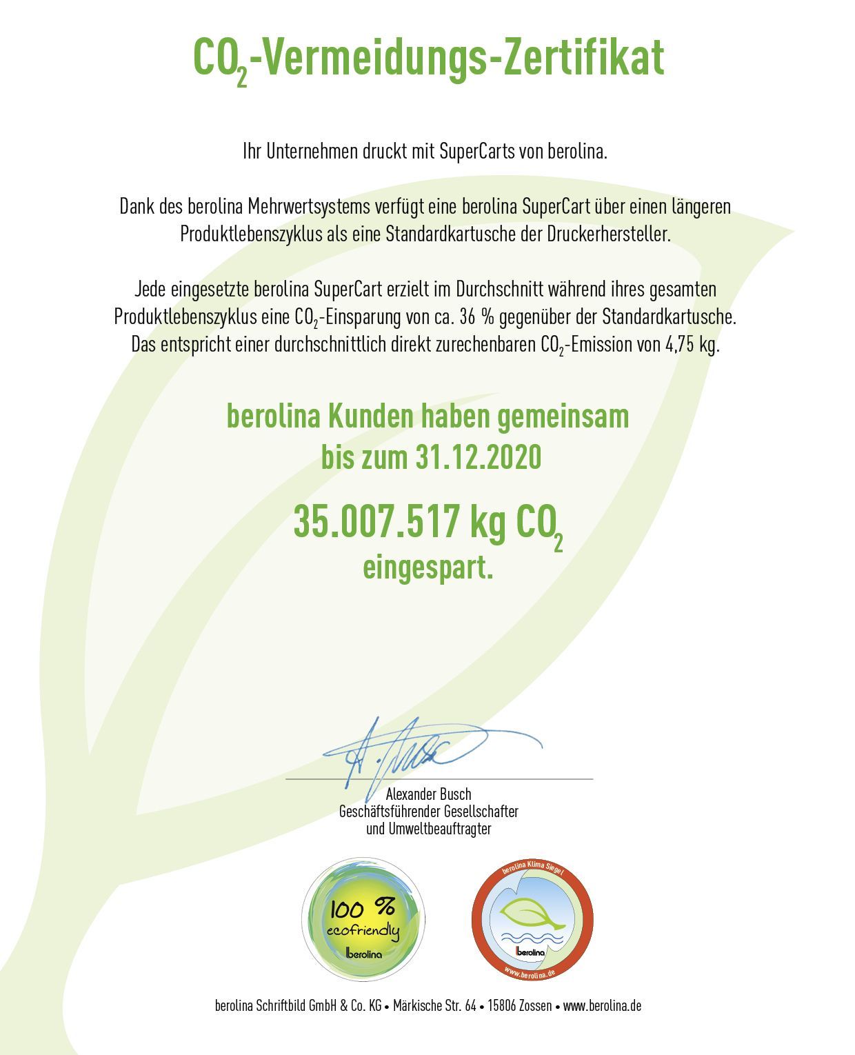 Co2 Vermeidungszertifikat von berolina
