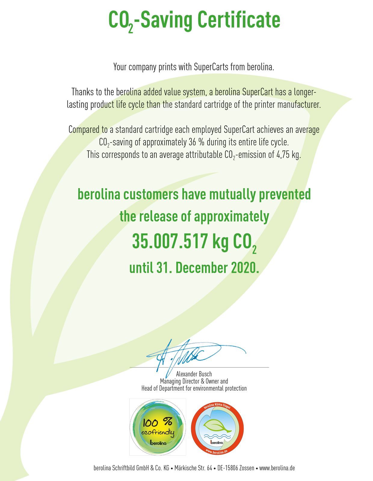 Co2 Vermeidungszertifikat von berolina